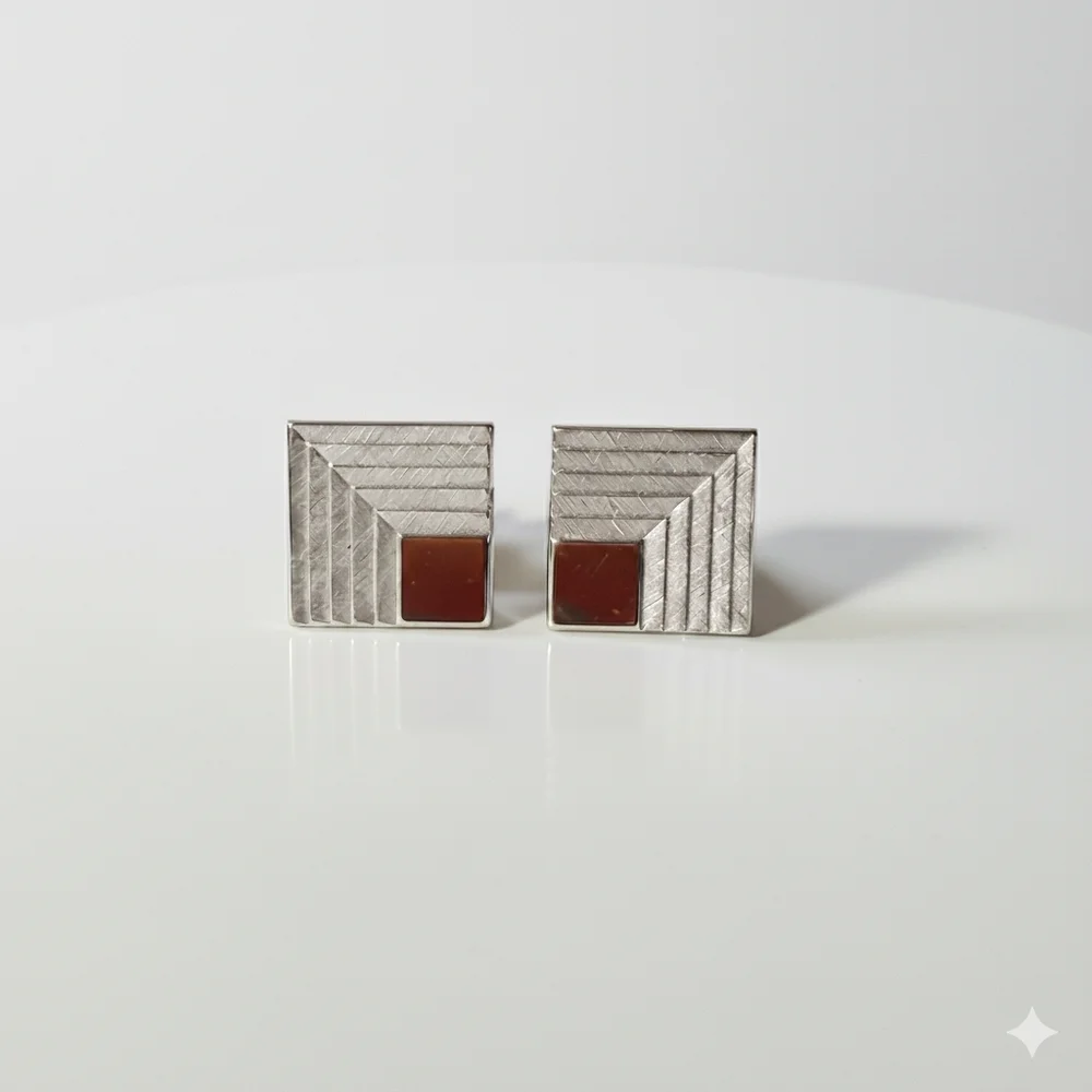 Swank Cufflinks Silver Tone Geometric Stepped Polished Brushed Textured Button